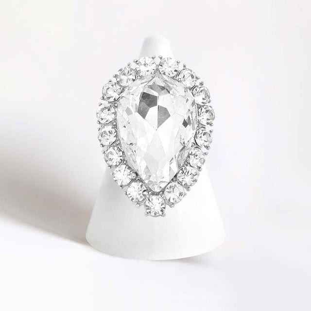 Madeline Love Rhodium Crystal Rhinestone Teardrop Stretch Cocktail Ring - Jewelry