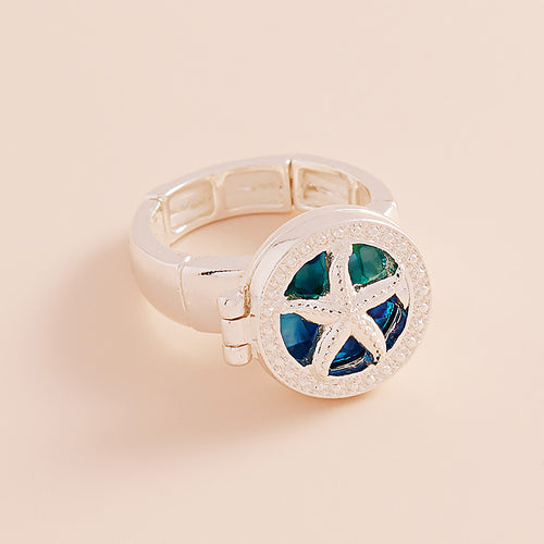 Anillo elástico con medallón de estrella de mar esmaltado - Azul, Turquesa