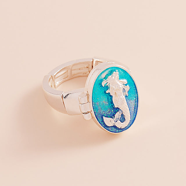 Turquoise Enamel Mermaid Locket Stretch Ring