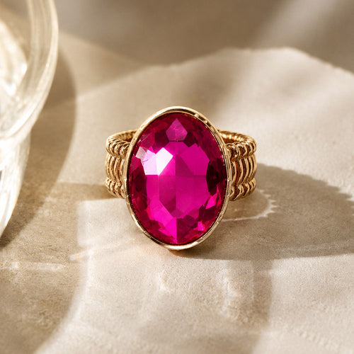 Oval Crystal Rhinestone Stretch Cocktail Ring - Fuchsia, Gold