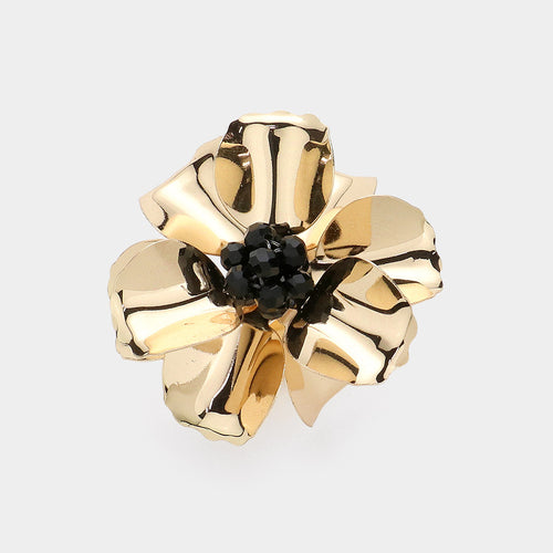 Beaded Ball Center Metal Petal Flower Adjustable Ring - Black