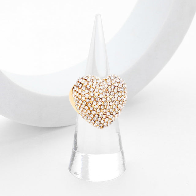 Heart Crystal Rhinestone Pave Stretch Ring - Clear Gold - Free Sized Rings