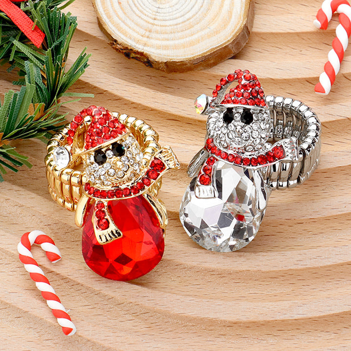 Gold Red, Snowman Teardrop Stone Accented Stretch Ring