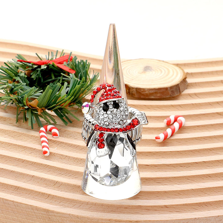 Red Silver White, Snowman Teardrop Stone Accented Stretch Ring
