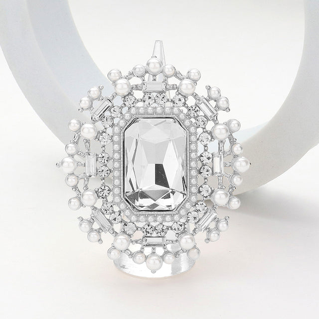 Madeline Love Rhodium, White Rectangle Glass Stone Centered Pearl Rhinestone Embellished Stretch Ring - Hair Accessories