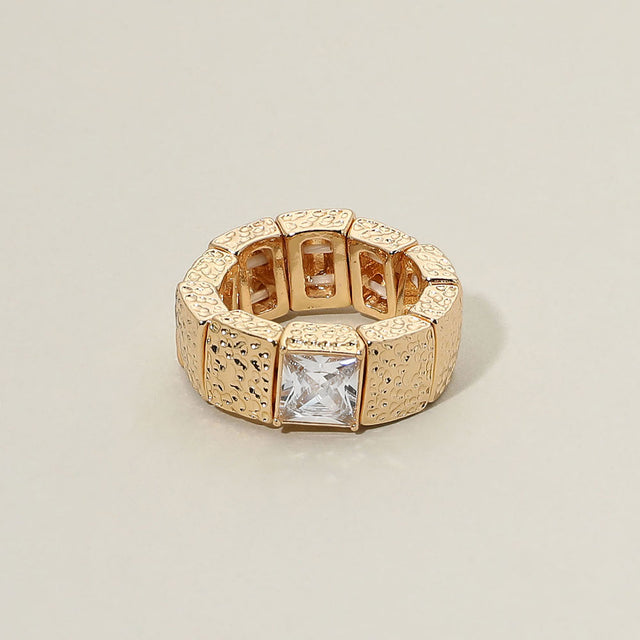 Madeline Love Clear, Gold Square Crystal Accent Textured Cube Beaded Stretch Band Ring