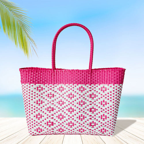 Aztec Pattern Basket Weave Tote Bag / Shoulder Bag - Pink