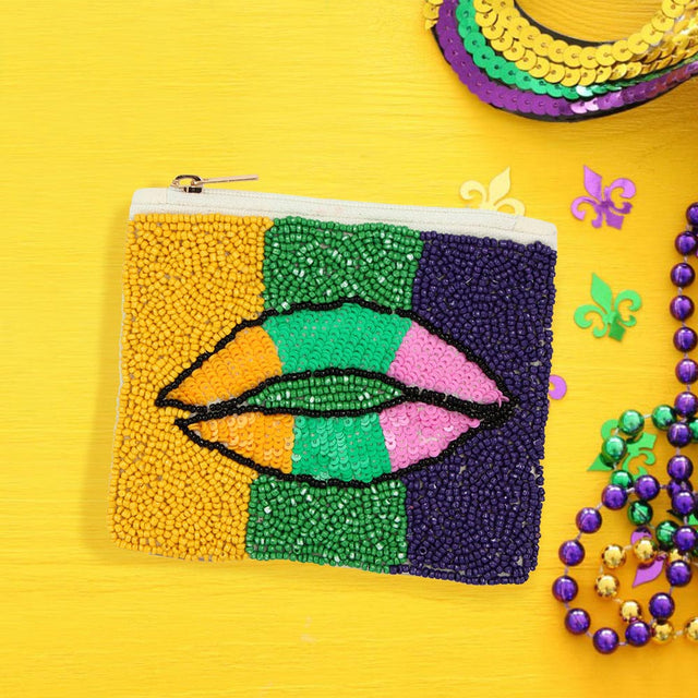 Multi Mardi Gras Lips Seed Beaded Mini Pouch Bag