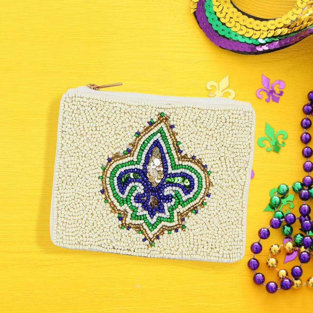 Multi Fleur De Lis Mardi Gras Seed Beaded Mini Pouch Bag