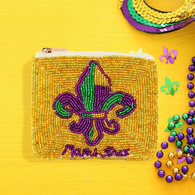 Multi Fleur de Lis Mardi Gras Message Seed Beaded Mini Pouch Bag