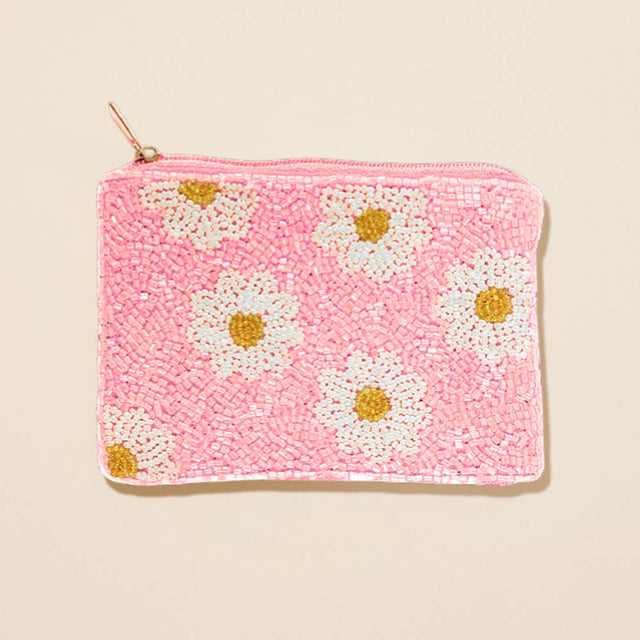 Madeline Love Pink Daisy Pattern Seed Beaded Mini Pouch Bag - Bags & Wallets