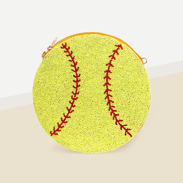 Yellow Seed Beaded Softball Crossbody Bag