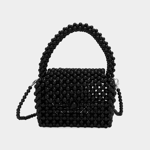 Pearl Beaded Mini Top Handle Handbag / Crossbody Bag - Black