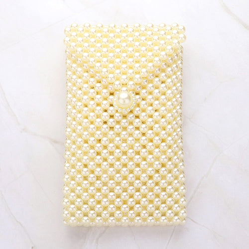 Pearl Beaded Phone Holder Crossbody Bag - Cream