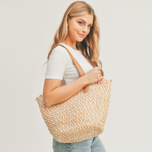 Braided Straw Tote Bag - Beige