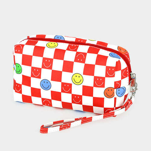 Smile Pointed Check Patterned Wristlet Pouch Bag - Red