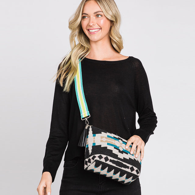 Madeline Love Teal Aztec Patterned Tassel Crossbody Bag - Bags & Wallets