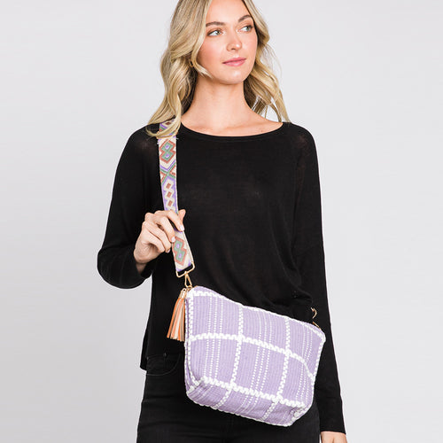 Check Patterned Tassel Crossbody Bag - Purple