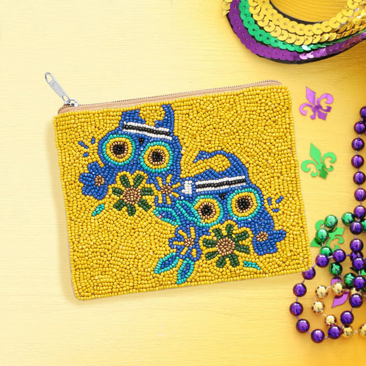 Yellow Mardi Gras Seed Beaded The Day Of Death Skull Mini Pouch Bag