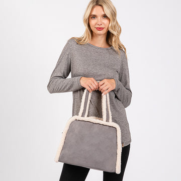 Madeline Love Gray Fleece Trimmed Solid Tote / Crossbody Bag With Adjustable Strap - Bags & Wallets
