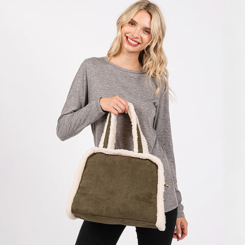 Fleece Trimmed Solid Tote / Crossbody Bag With Adjustable Strap - Olive Green
