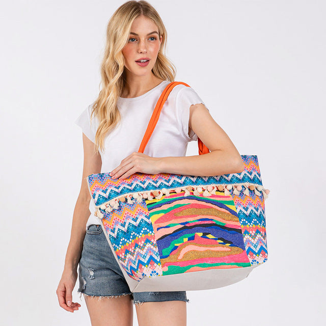 Madeline Love Multi, Orange Boho Print Pom Pom Fringe Tote Bag - Bags & Wallets