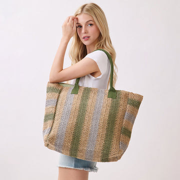 Madeline Love Olive Green Natural Multi Color Stripe Straw Tote Bag - Bags & Wallets