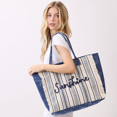 Vintage SUNSHINE Message Stripe Fringe Tote Bag - Navy