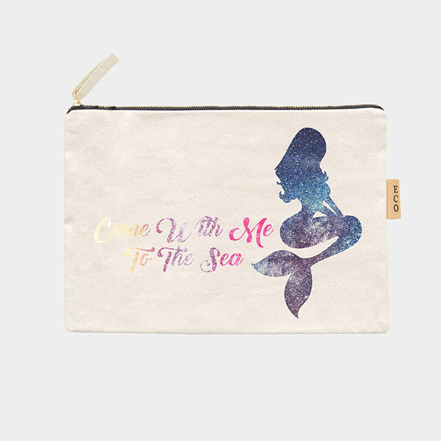 Ivory Come With Me to the Sea Message Mermaid Printed Cotton Canvas Eco Pouch Bag
