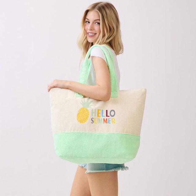 Madeline Love Mint HELLO SUMMER Message Pineapple Graphic Printed Terry Tote Bag - Bags & Wallets