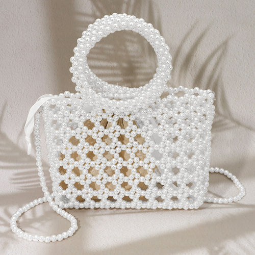 Elegant Pearl Beaded Round Handle Lattice Handbag / Crossbody Bag - White