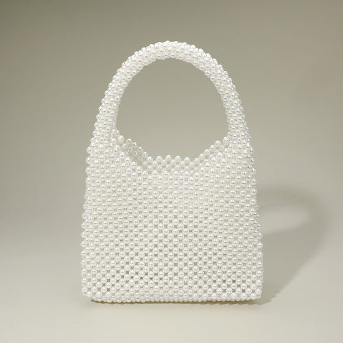 Pearl Beaded Top Handle Handbag - Rhodium, White
