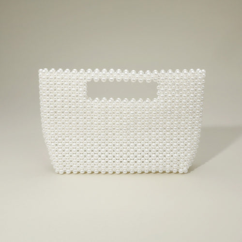 Pearl Beaded Open Top Handbag - Rhodium, White