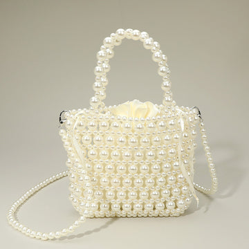 Madeline Love Cream, Gold Pearl Beaded Top Handle Drawstring Pouch Handbag / Crossbody Bag - Bags & Wallets