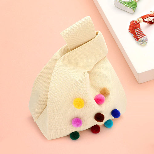 Pom Pom Embellished Knit Tote Bag - Ivory