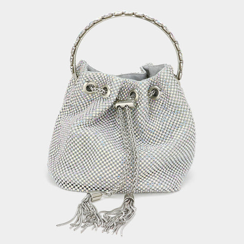 Bling Rhinestone Mesh Metal Draw String with Glass Stone Embellished Top Handle Bucket Bag / Crossbody Bag - AB