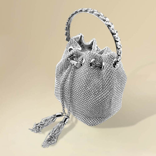 Bling Rhinestone Mesh Metal Draw String with Glass Stone Embellished Top Handle Bucket Bag / Crossbody Bag - Clear