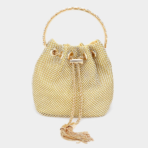 Bling Rhinestone Mesh Metal Draw String with Glass Stone Embellished Top Handle Bucket Bag / Crossbody Bag - Gold
