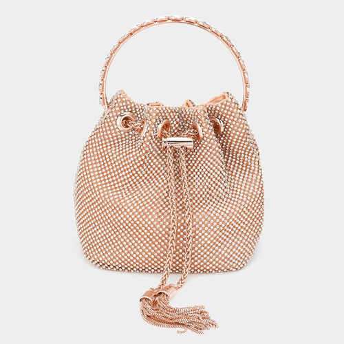 Bling Rhinestone Mesh Metal Draw String with Glass Stone Embellished Top Handle Bucket Bag / Crossbody Bag - Rose Gold