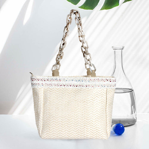 Zigzag Chevron Patterned Celluloid Acetate Handle Straw Tote Bag - Beige