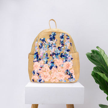 Madeline Love Neutral Fabric Flower Cluster Straw Backpack Bag - Bags & Wallets