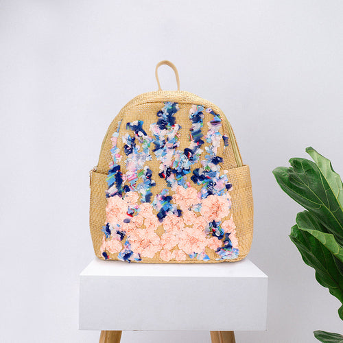Fabric Flower Cluster Straw Backpack Bag - Neutral