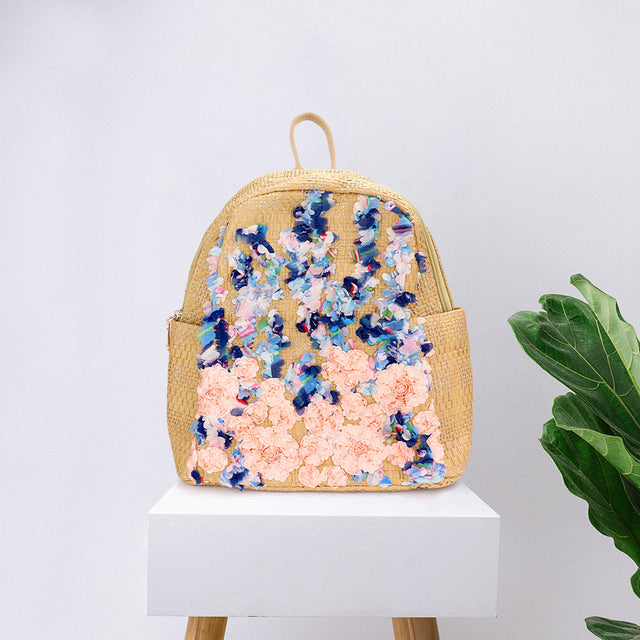 Madeline Love Neutral Fabric Flower Cluster Straw Backpack Bag - Bags & Wallets