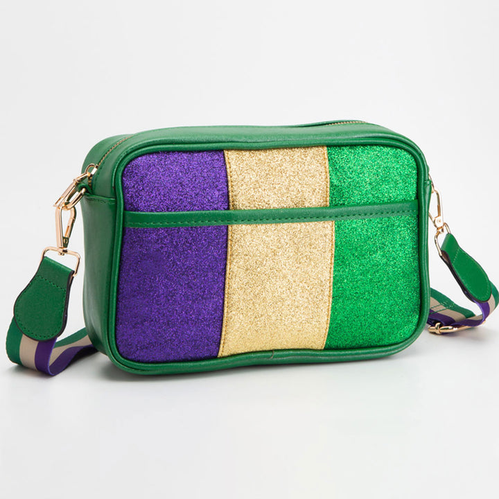Green Faux Leather Mardi Gras Sparkle Front Rectangle Crossbody Bag