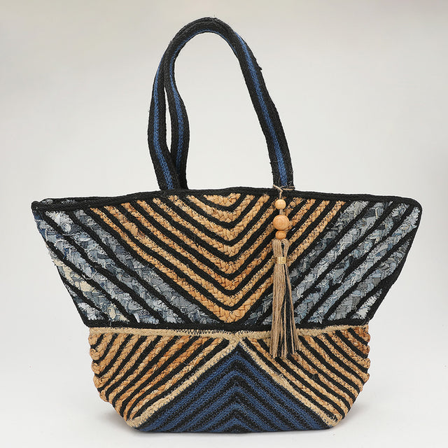 Madeline Love Multi Chevron Woven Wooden Tassel Straw Tote Bag - Bags & Wallets