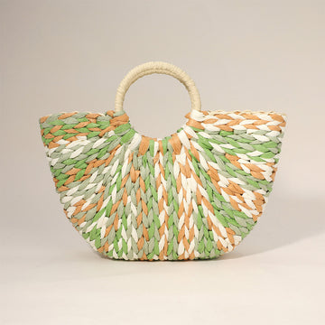 Madeline Love Green Multi Color Weave Round Handle Handwoven Natural Straw Handbag - Bags & Wallets