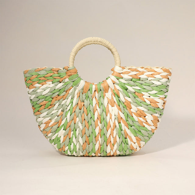 Madeline Love Green Multi Color Weave Round Handle Handwoven Natural Straw Handbag - Bags & Wallets