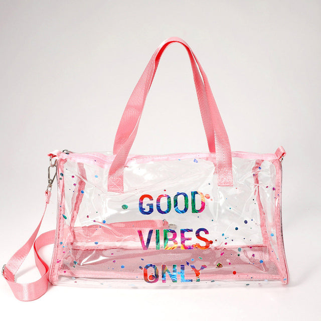 Madeline Love Clear, Pink GOOD VIBES ONLY Message Printed Transparent Boston Bag / Crossbody Bag - Bags & Wallets