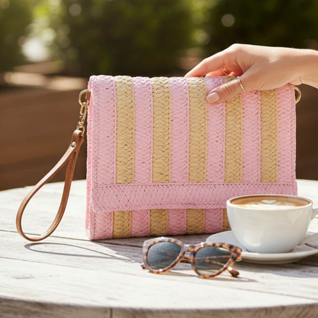 Madeline Love Pink Striped Woven Foldover Wristlet Clutch Crossbody Bag - Bags & Wallets
