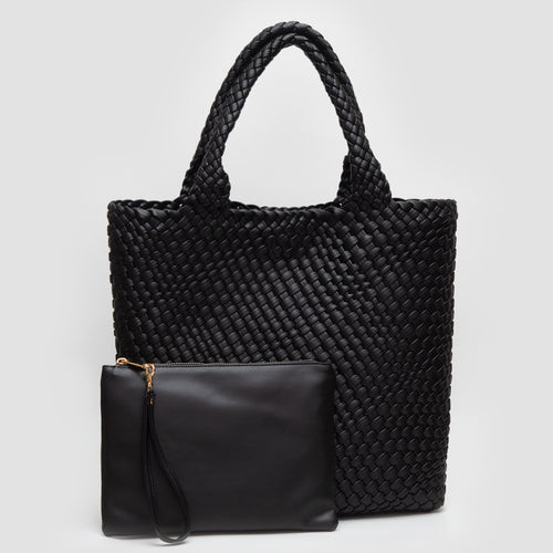 Faux Leather Braided Top Handle Tote Bag with Pouch - Black
